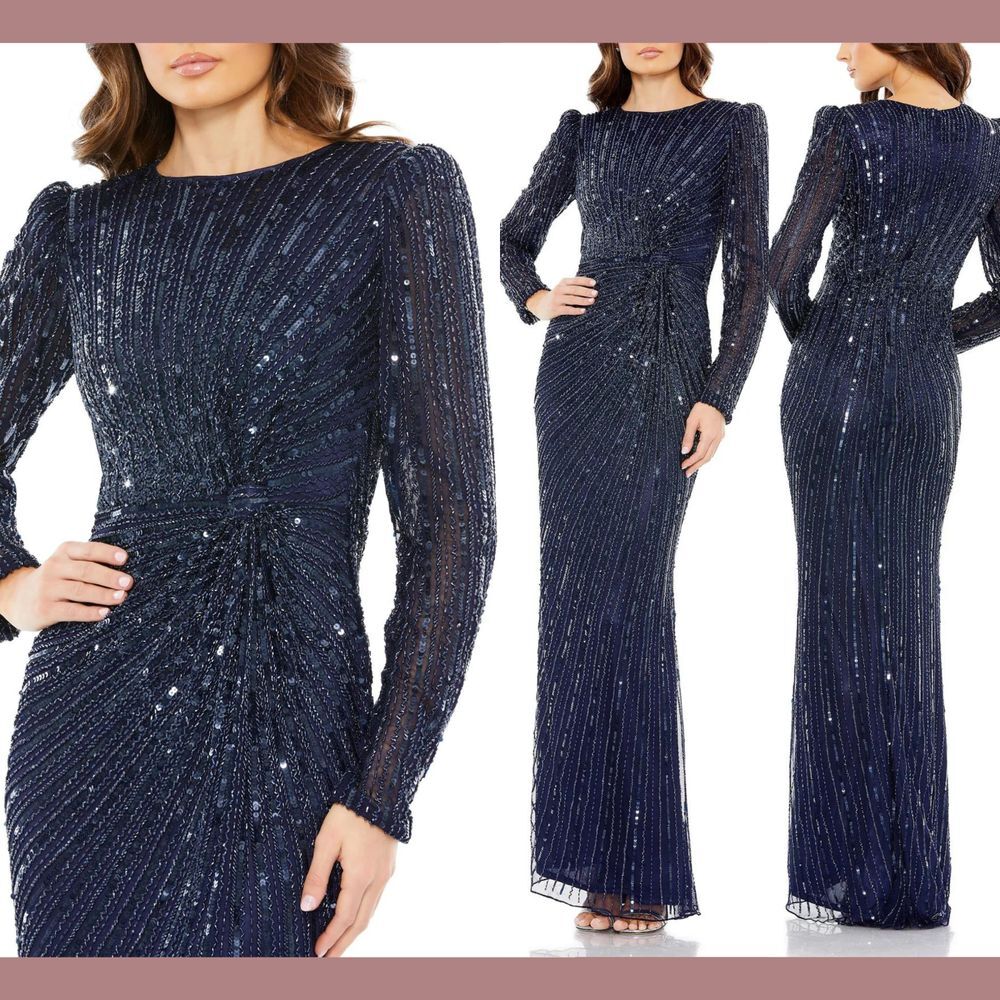 NWT$598 Mac Duggal [ 18 ] 5641 Embellished Long Puff Sleeve Knot‎ Gown Navy Blue